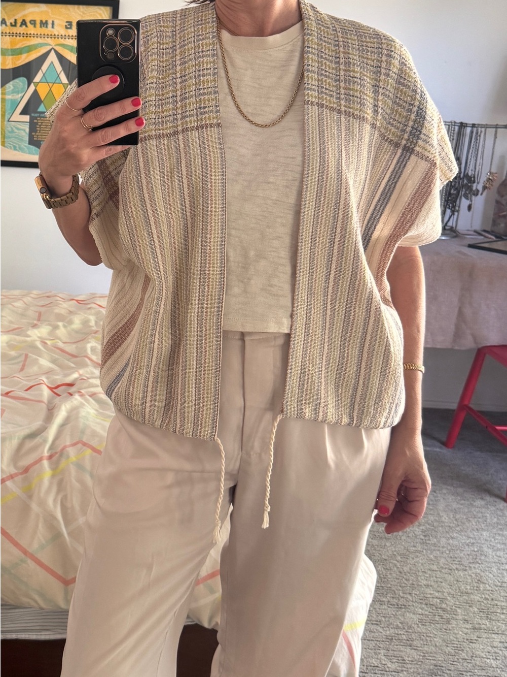 Vintage Hitomi Hand Woven Striped Open-Front Poncho Vest - Cream OS